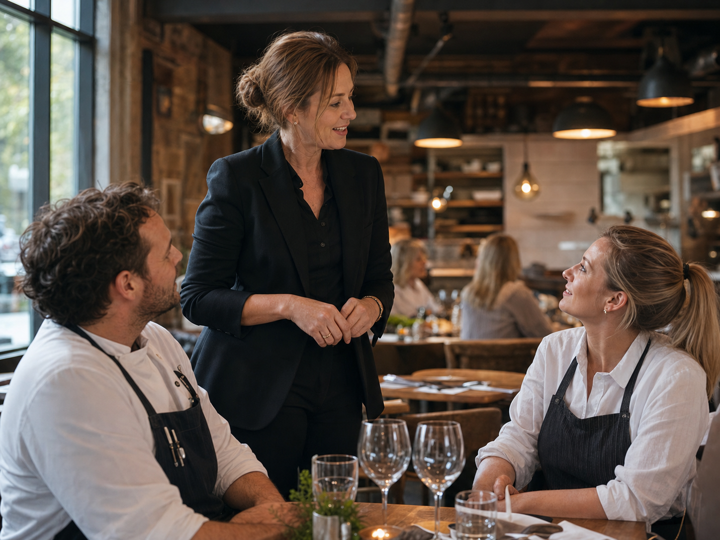A hospitality leader speaking with restaurant colleagues